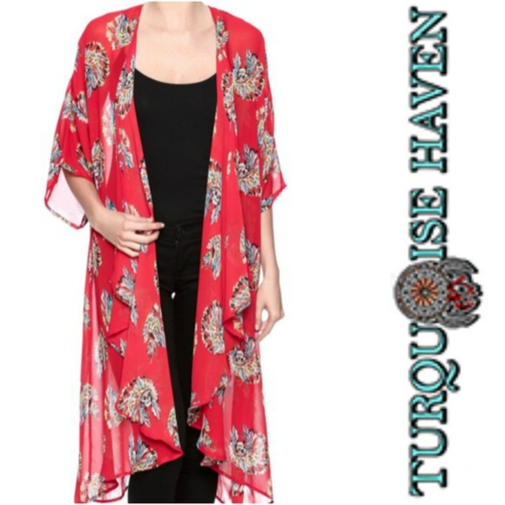 Turquoise Haven Red Floral Kimono Jacket
